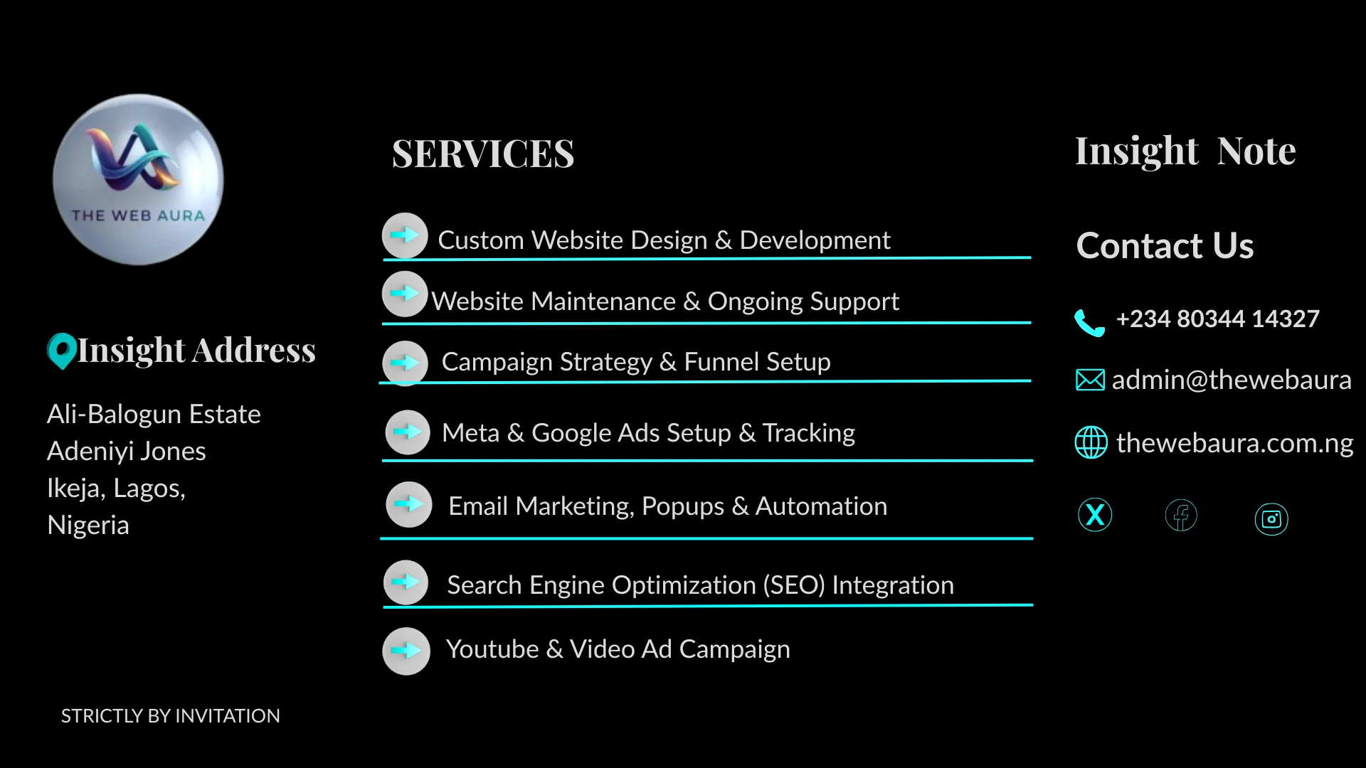The Web Aura services section showing custom website design, development, maintenance, campaign strategy, ads setup, email marketing, SEO, video campaigns, and contact information.